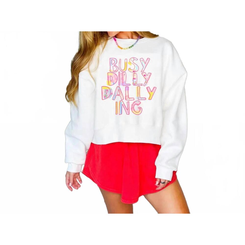 NEW POPPY & PINE busy dilly dallying crop long sleeve sweatshirt in white
